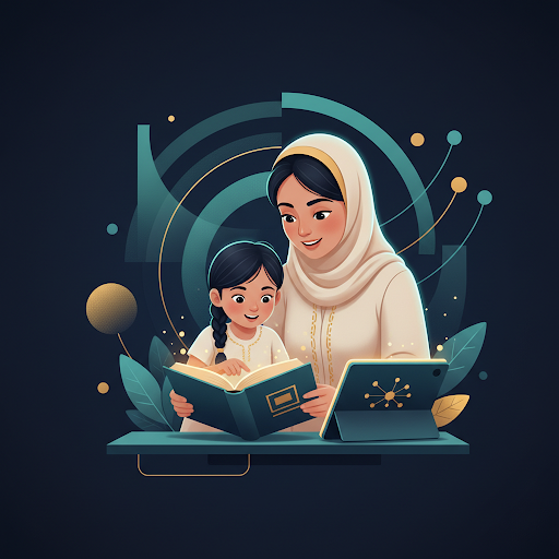 Illustration of a parent and child learning together with books and digital learning, in a calm educational setting.