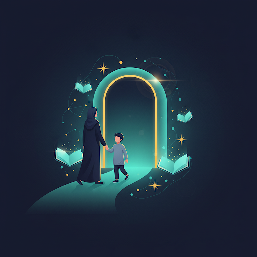 Illustration of a parent and child beginning their learning journey, symbolizing welcome and progress.